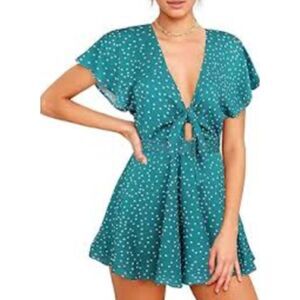 AGQT Romper L Women's Green Polka Dot Vneck Tie Front Flutter Sleeves Shorts
